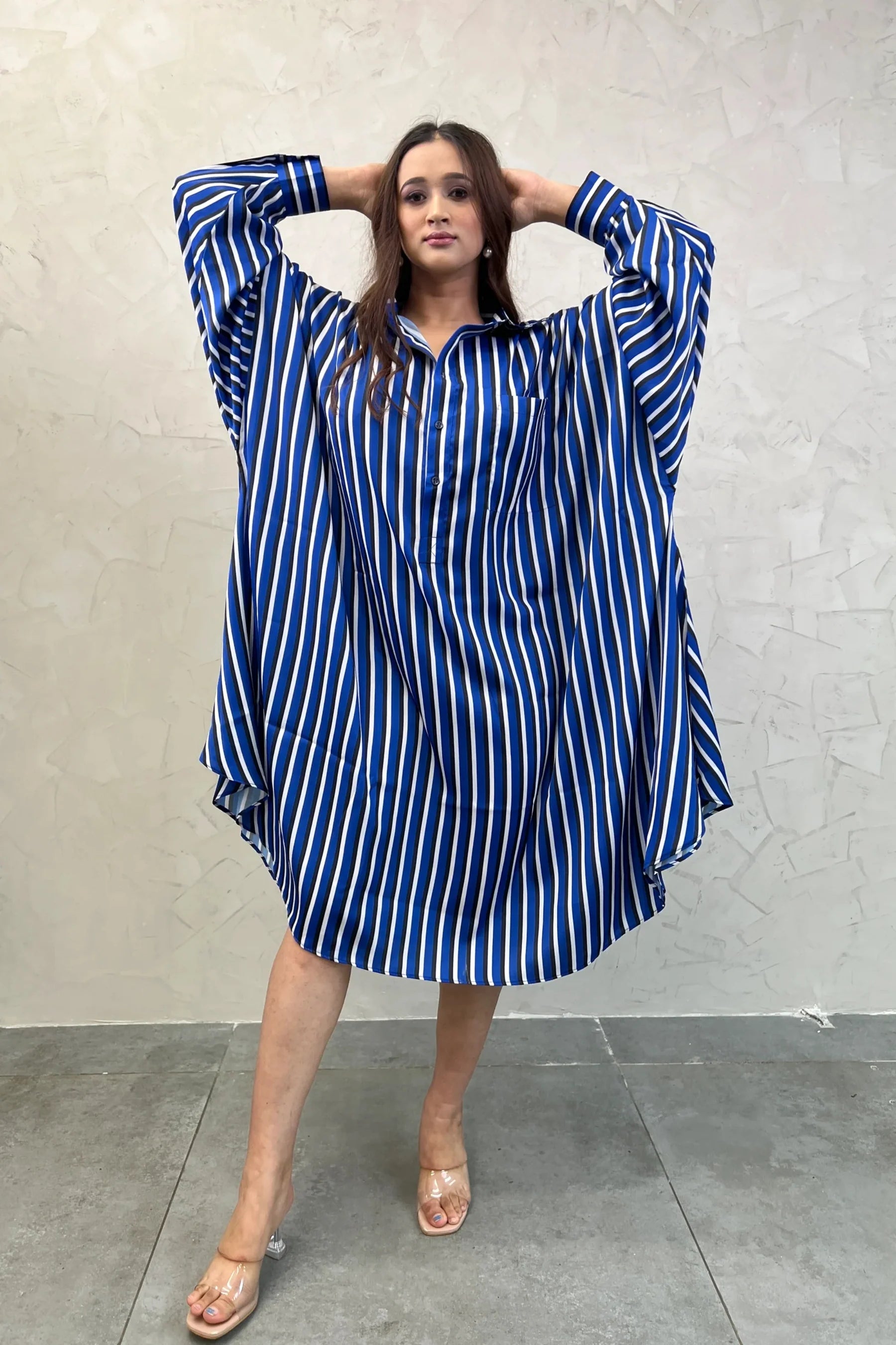 Blue Stripes Bliss: Shirt Dress with Kimono Sleeves