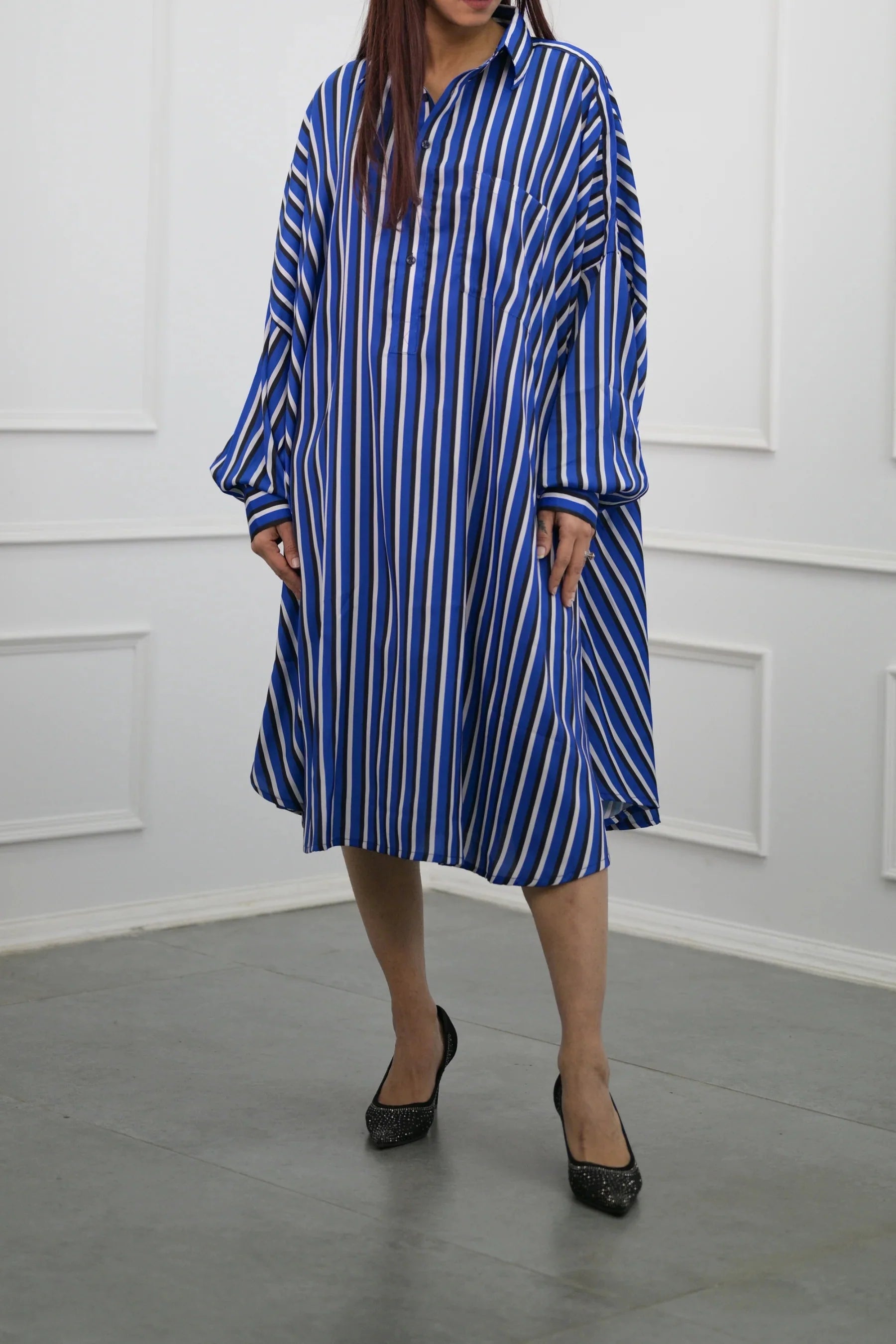 Blue Stripes Bliss: Shirt Dress with Kimono Sleeves