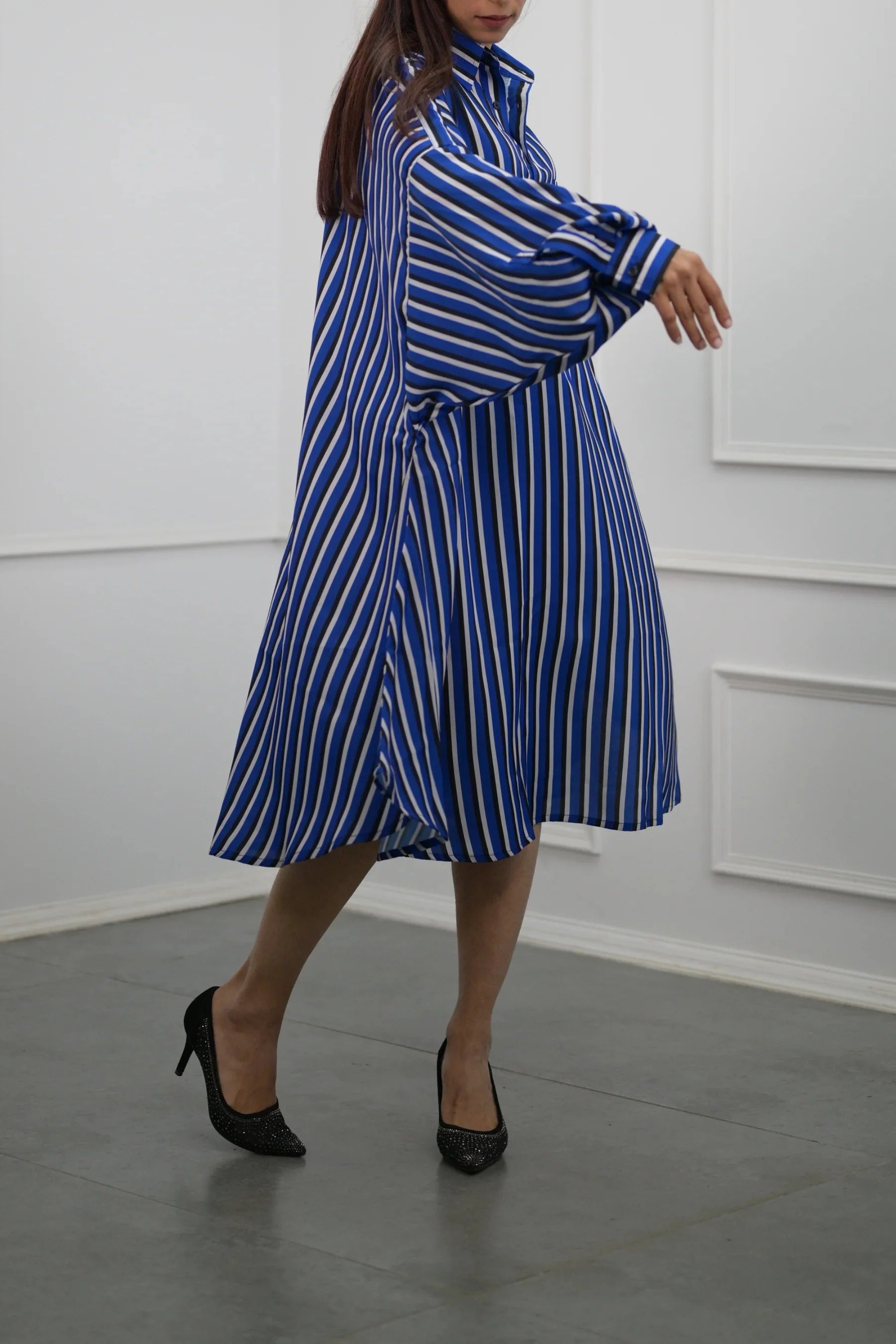 Blue Stripes Bliss: Shirt Dress with Kimono Sleeves