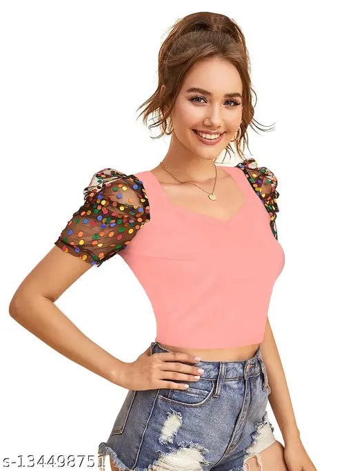 PEACH Short Sleeve Solid Crop Top For Girls & Women's