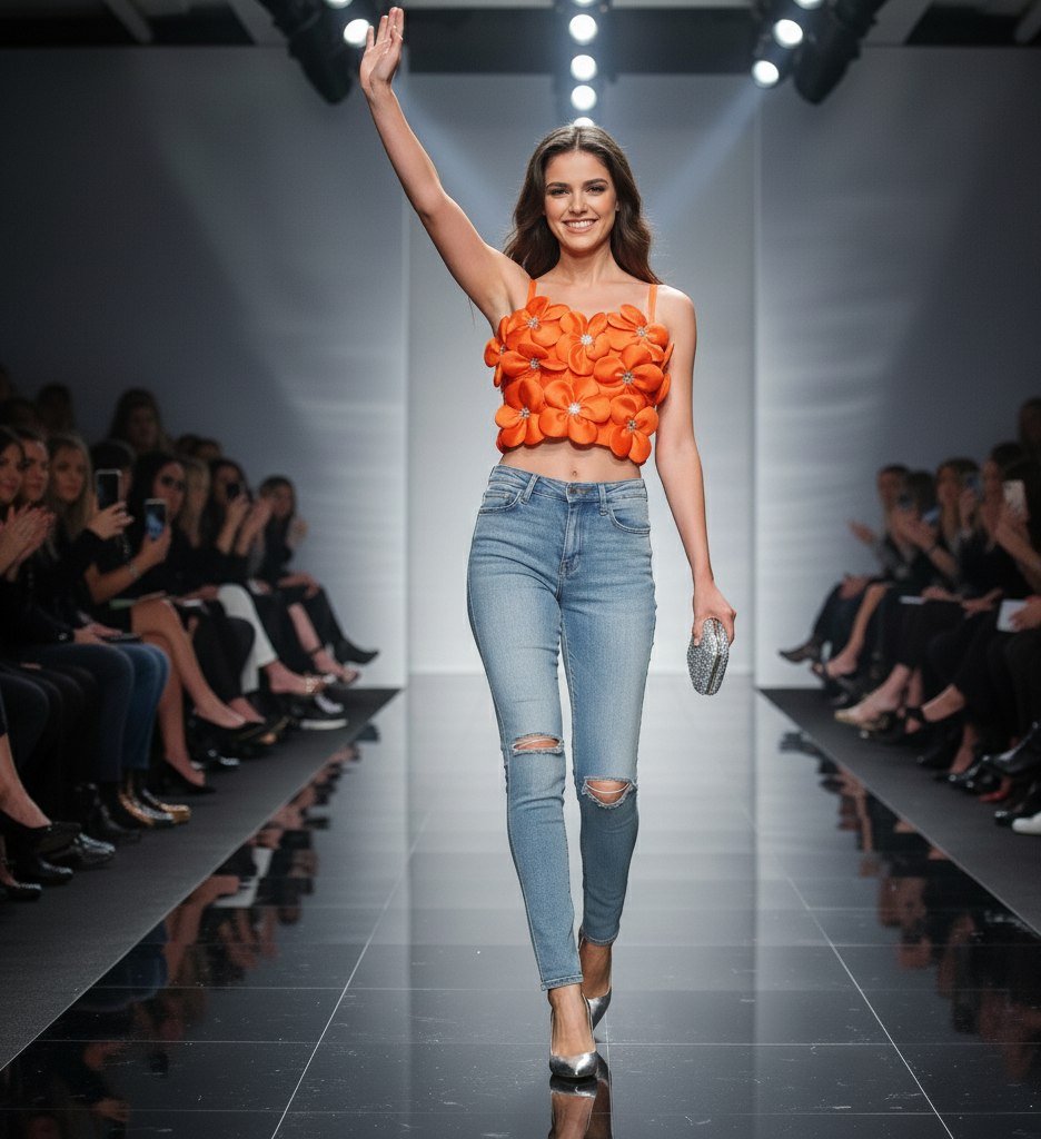 Women's Floral Patched Rhinestone Spaghetti Strap Slim Fit Crop Tank Top