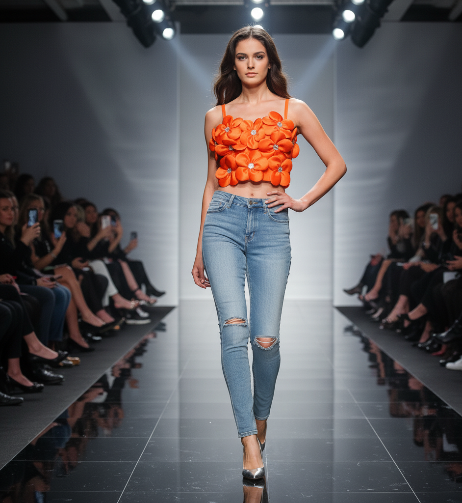 Women's Floral Patched Rhinestone Spaghetti Strap Slim Fit Crop Tank Top