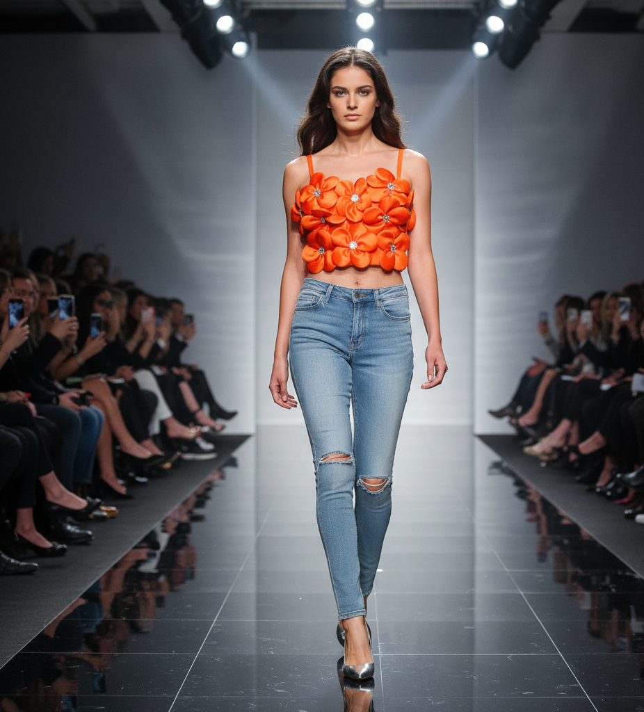 Women's Floral Patched Rhinestone Spaghetti Strap Slim Fit Crop Tank Top