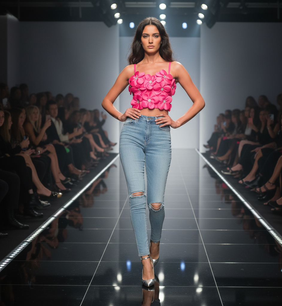 Women's Floral Patched Rhinestone Spaghetti Strap Slim Fit Crop Tank Top