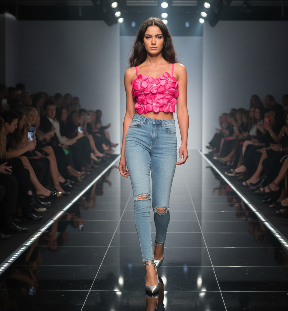 Women's Floral Patched Rhinestone Spaghetti Strap Slim Fit Crop Tank Top