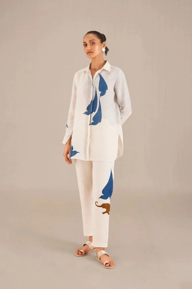 Off White Printed Stylish Linen Wear Women Shirt + Pajama Pant Style Co-ord Sets