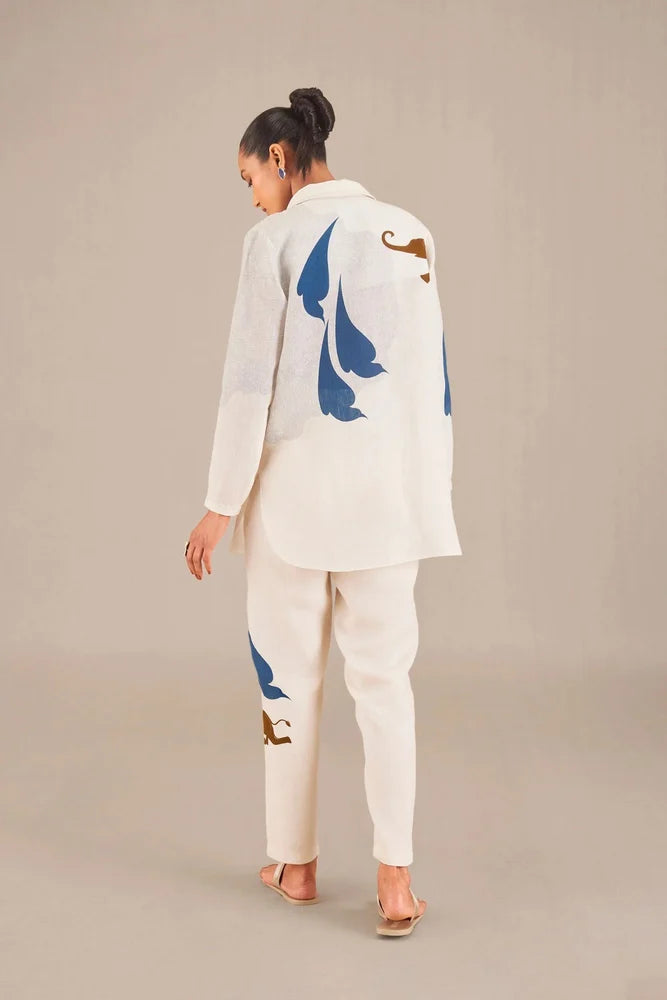 Off White Printed Stylish Linen Wear Women Shirt + Pajama Pant Style Co-ord Sets