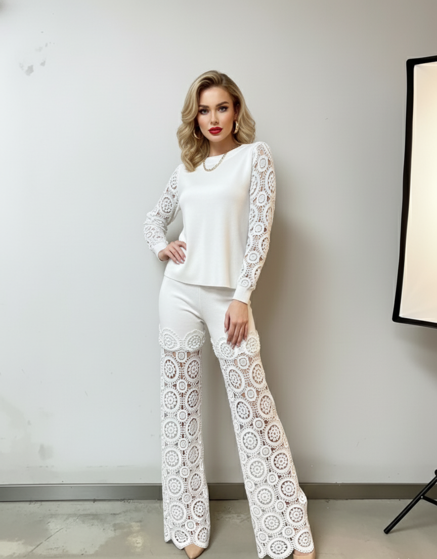 Saira 2 Piece Outfits  Knit Pullover and Wide Leg Lace Pants Lounge Matching Set