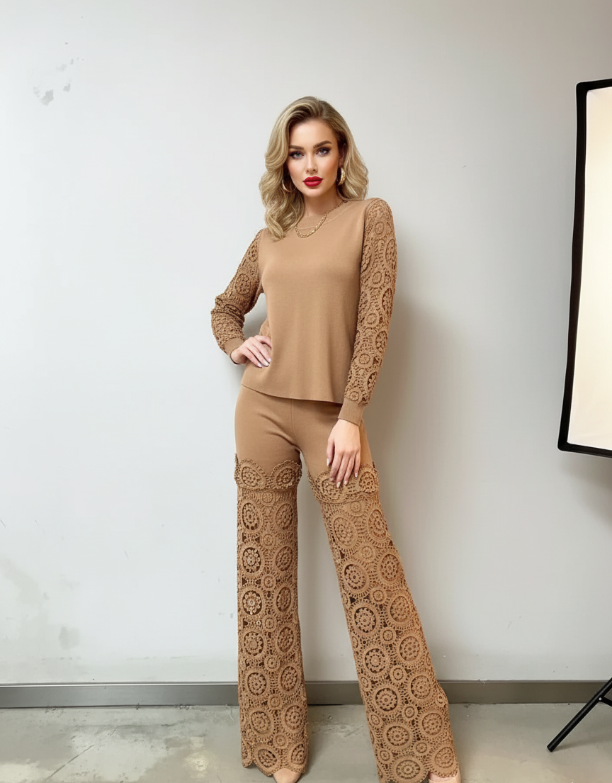 Saira 2 Piece Outfits  Knit Pullover and Wide Leg Lace Pants Lounge Matching Set