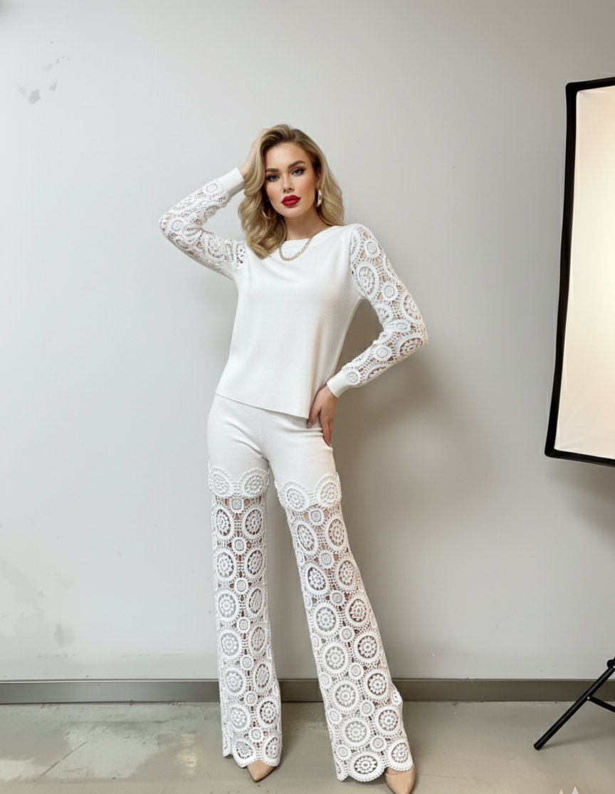 Saira 2 Piece Outfits  Knit Pullover and Wide Leg Lace Pants Lounge Matching Set