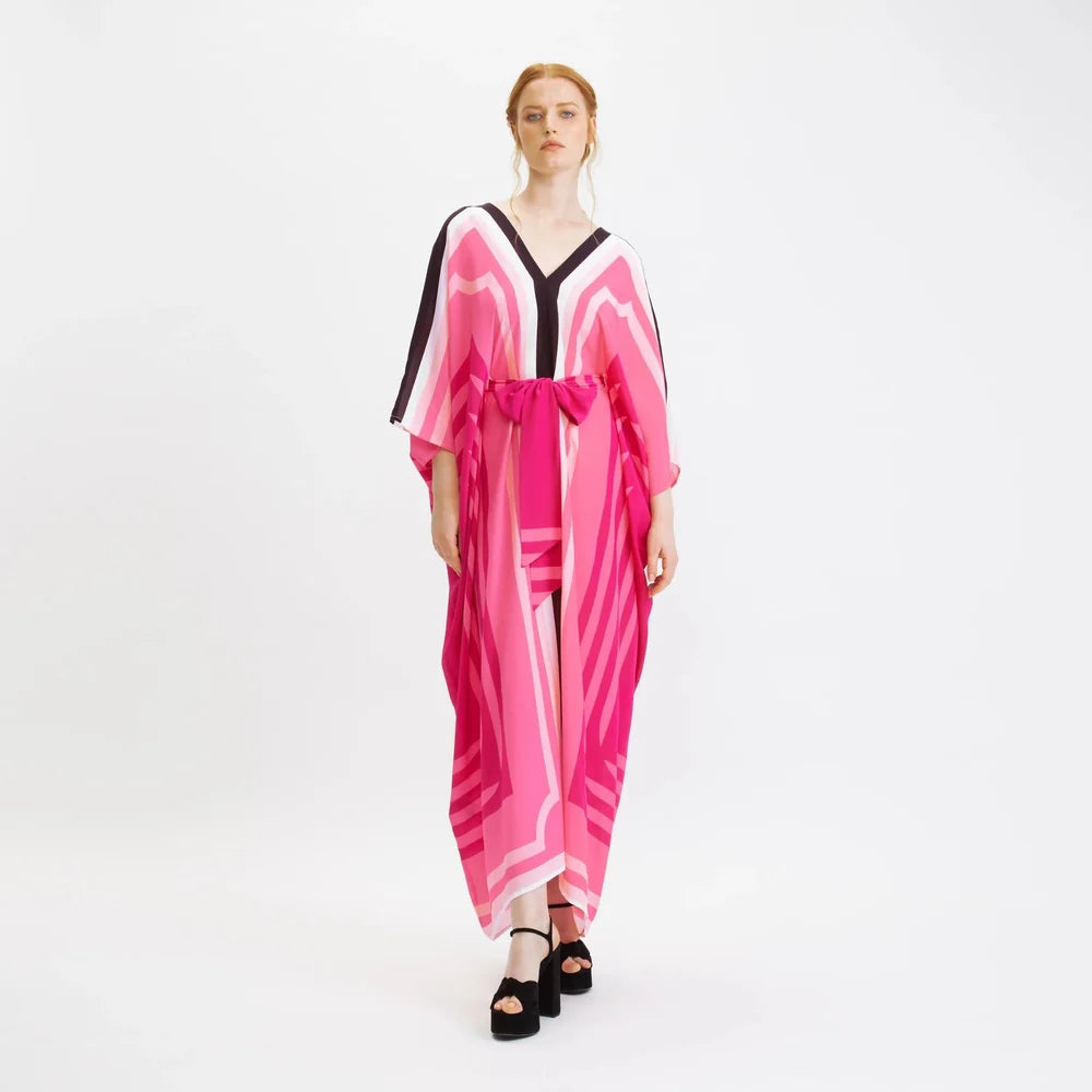 V-Neck + Belt Style Lightweight Printed Silk Crepe Maxi Kaftan