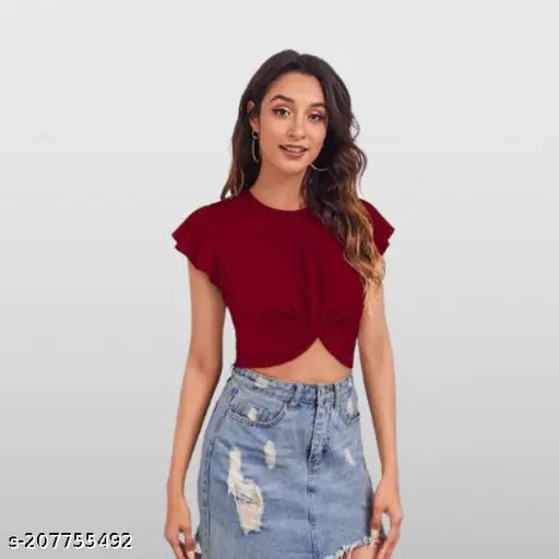 Maroon Round Neck With Short Sleeve With Cap Style Sleeve Crop Top For Girls & Women's