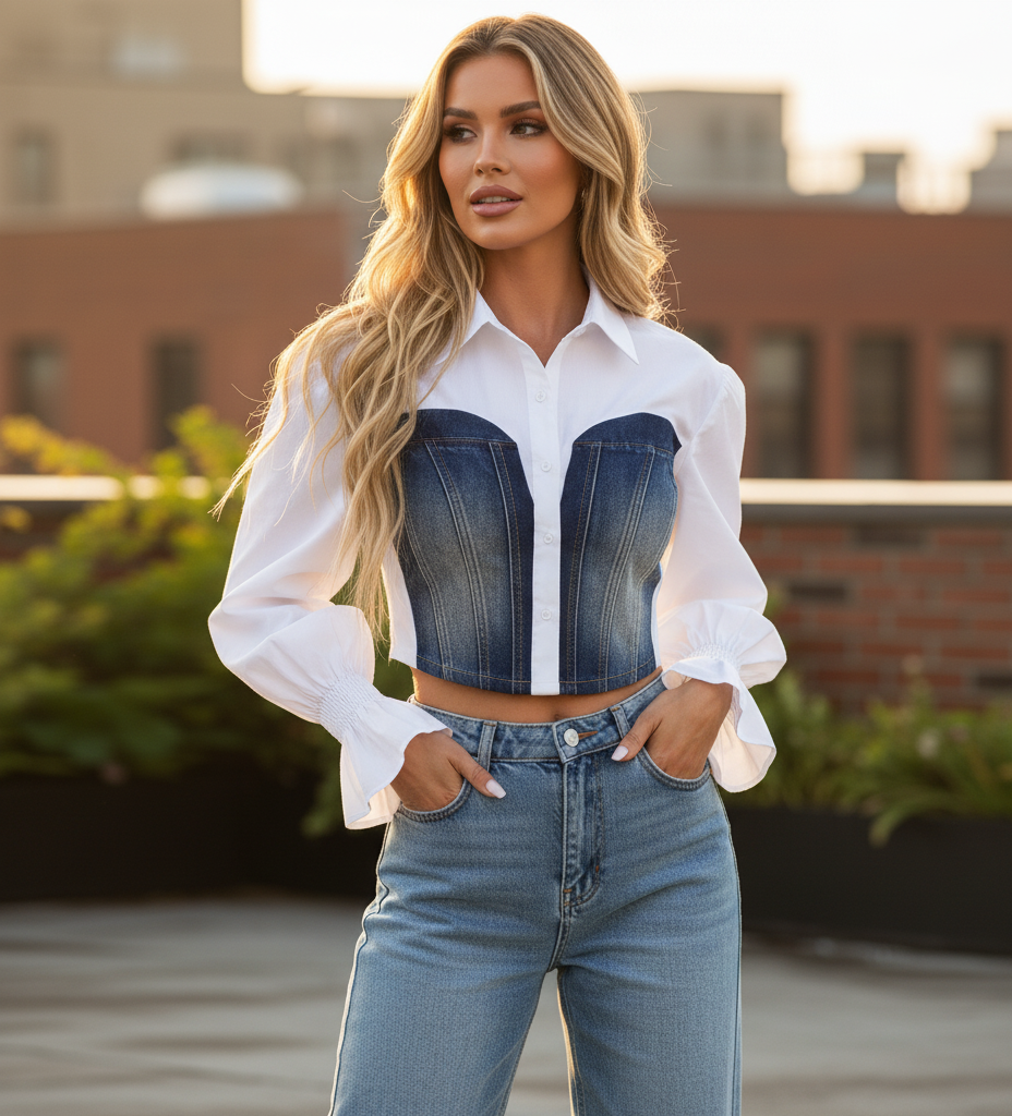 Denim Patchwork Crop Shirt