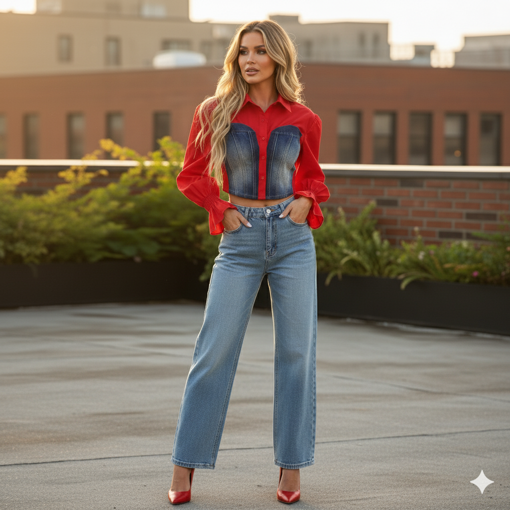 Nelson Denim Patchwork Crop Shirt