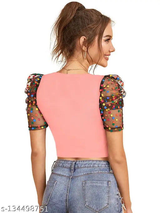 PEACH Short Sleeve Solid Crop Top For Girls & Women's