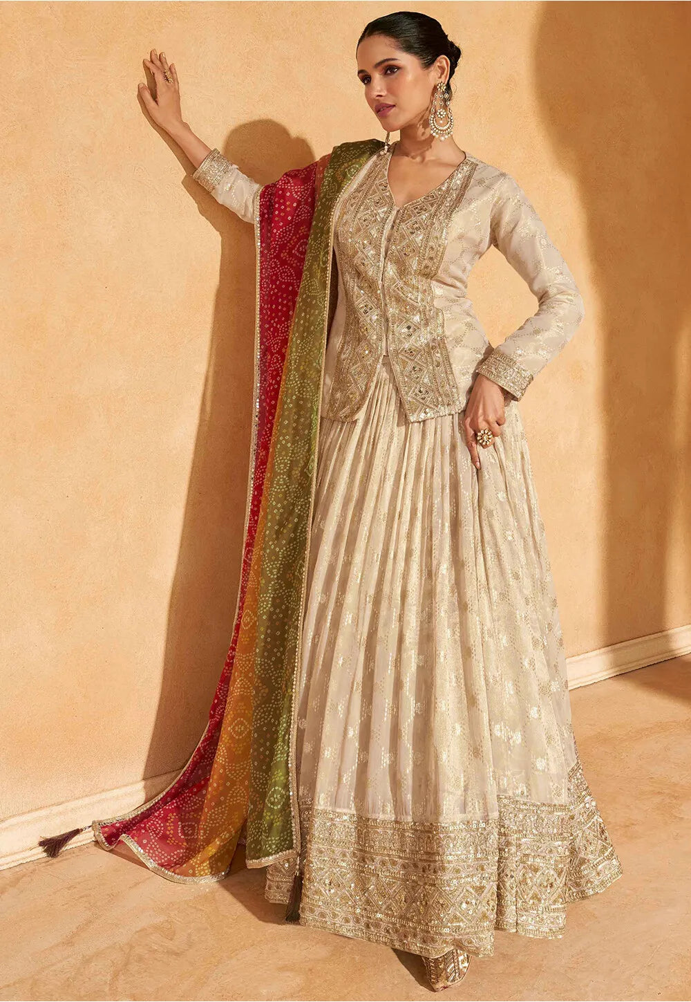 Beige Embroidered Jacquard Silk Anarkali with Colorful Dupatta