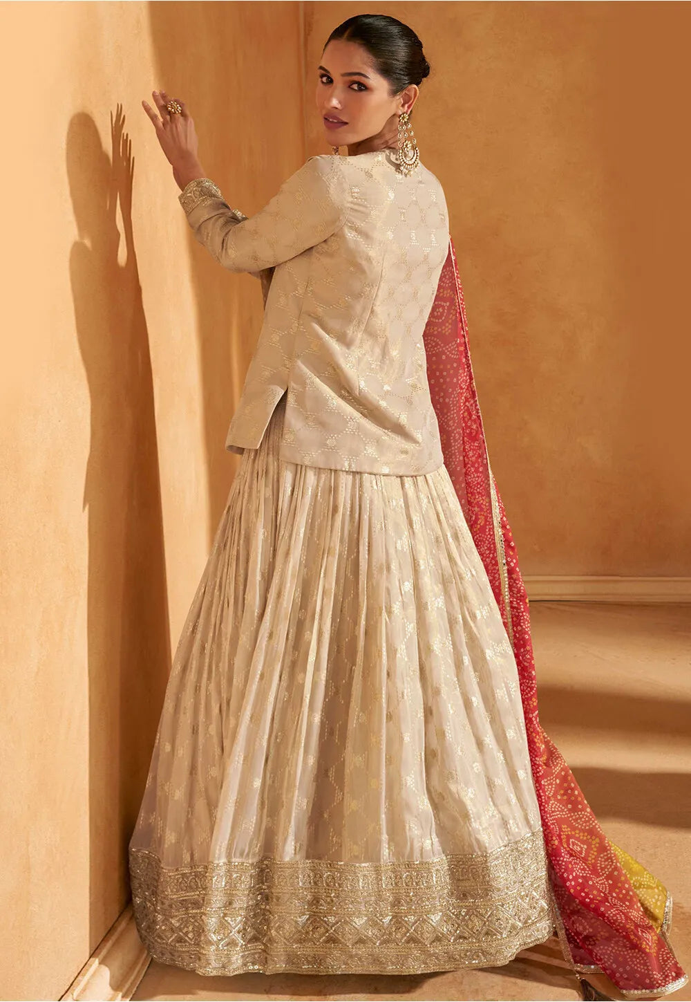 Beige Embroidered Jacquard Silk Anarkali with Colorful Dupatta