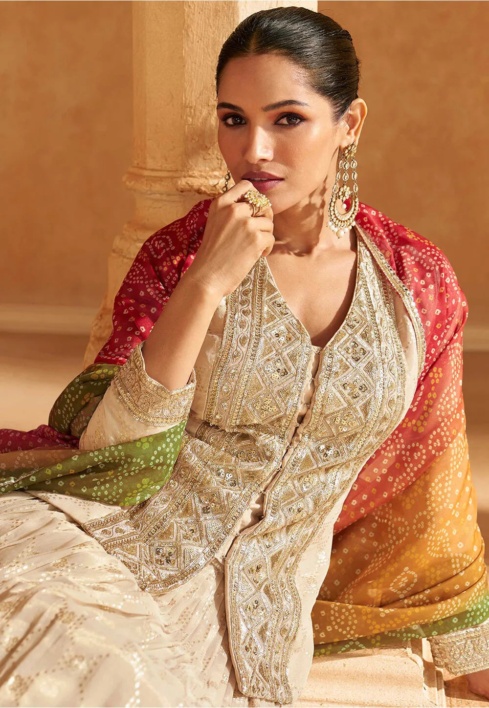 Beige Embroidered Jacquard Silk Anarkali with Colorful Dupatta