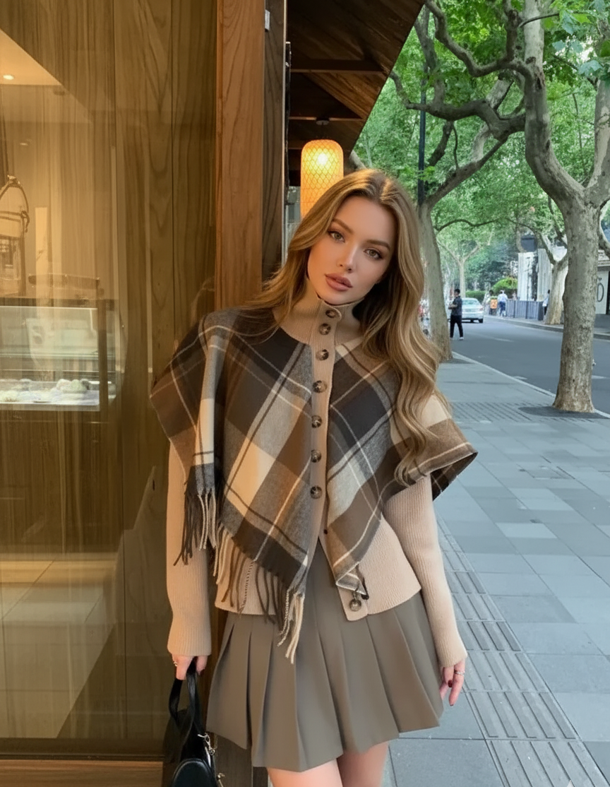 Esther Plaid Cape Knitted High Neck Down Button Poncho Sweater