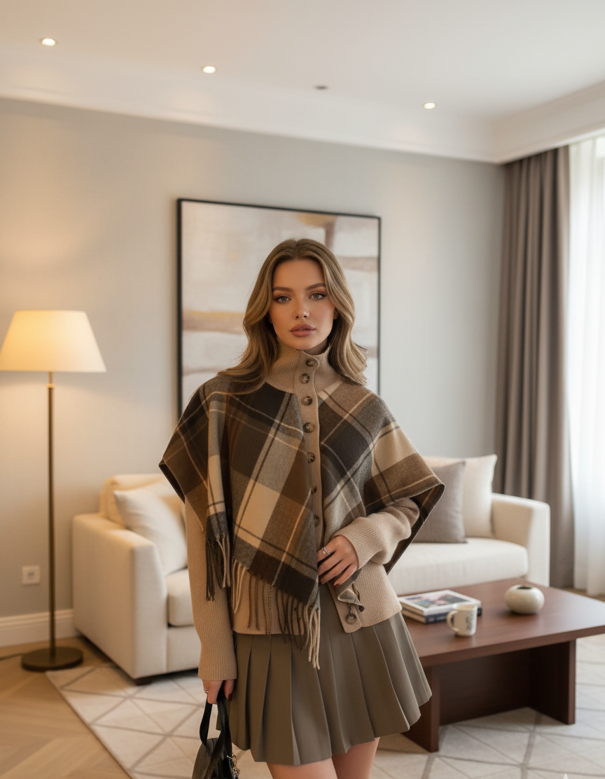 Esther Plaid Cape Knitted High Neck Down Button Poncho Sweater