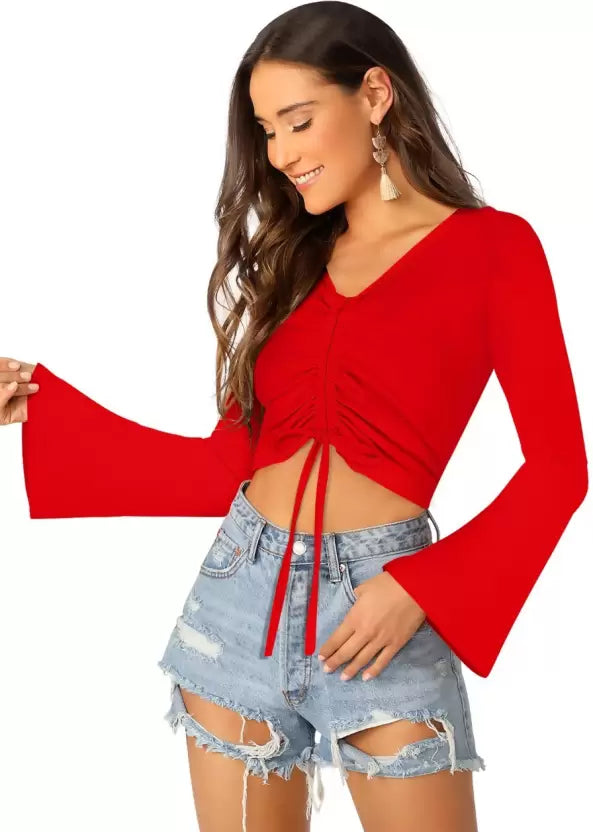 Casual Bell Sleeves Solid Women Red Top