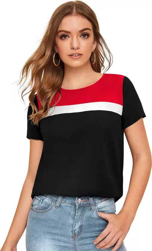 Women Colorblock Round Neck Red T-Shirt