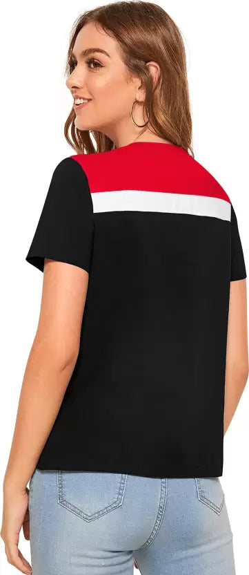 Women Colorblock Round Neck Red T-Shirt