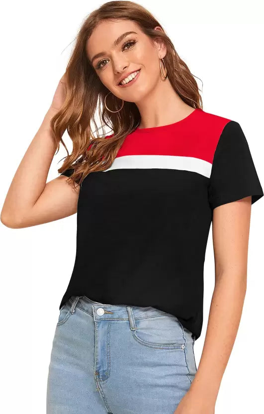 Women Colorblock Round Neck Red T-Shirt