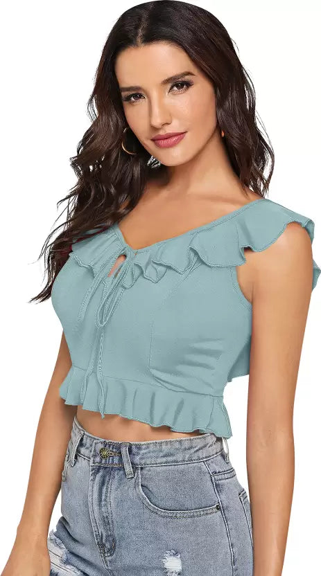 Casual Sleeveless Solid Women Light Blue Top