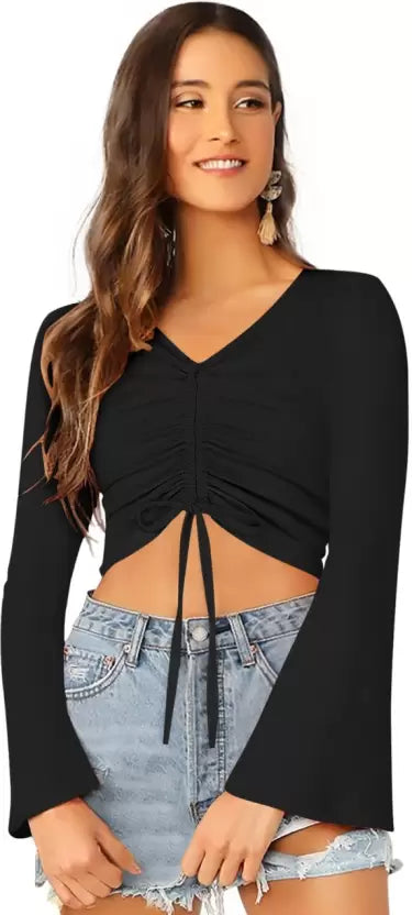 Casual Bell Sleeves Solid Women Black Top