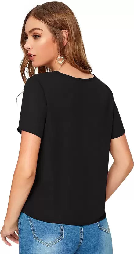 Women Solid Round Neck Cotton Blend Black T-Shirt