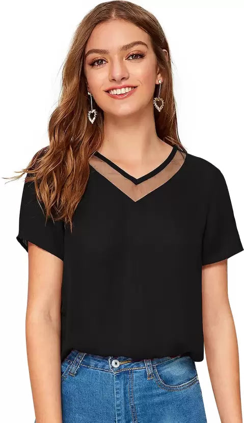 Women Solid Round Neck Cotton Blend Black T-Shirt