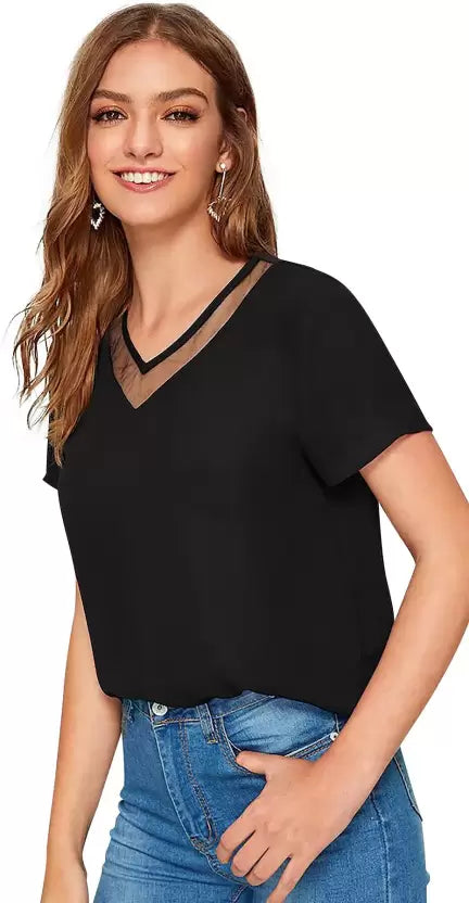 Women Solid Round Neck Cotton Blend Black T-Shirt