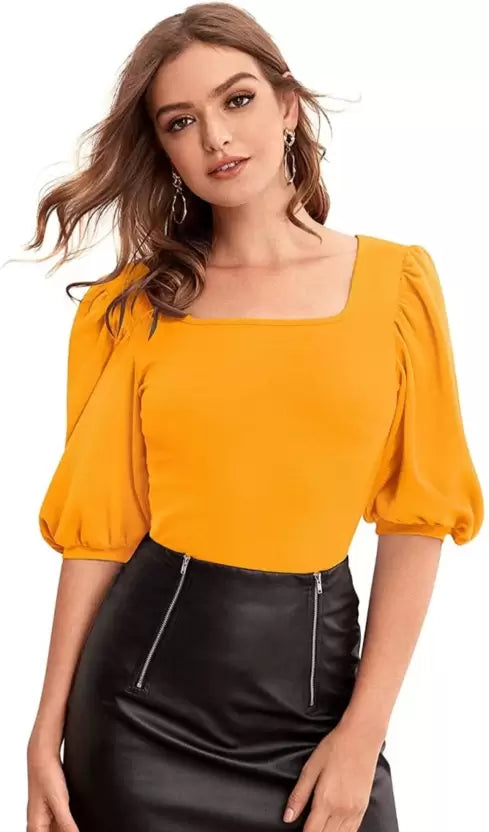 Casual Puff Sleeves Solid Women Top