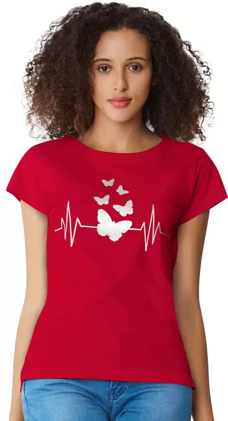 Women Printed Round Neck Cotton Blend Red T-Shirt