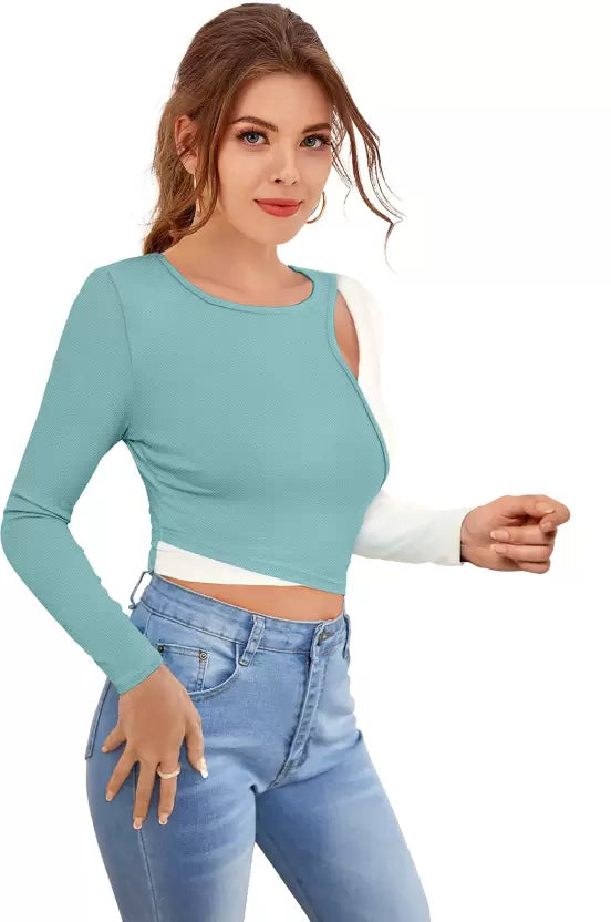 Casual Regular Sleeves Color Block Women Light Blue, White Top