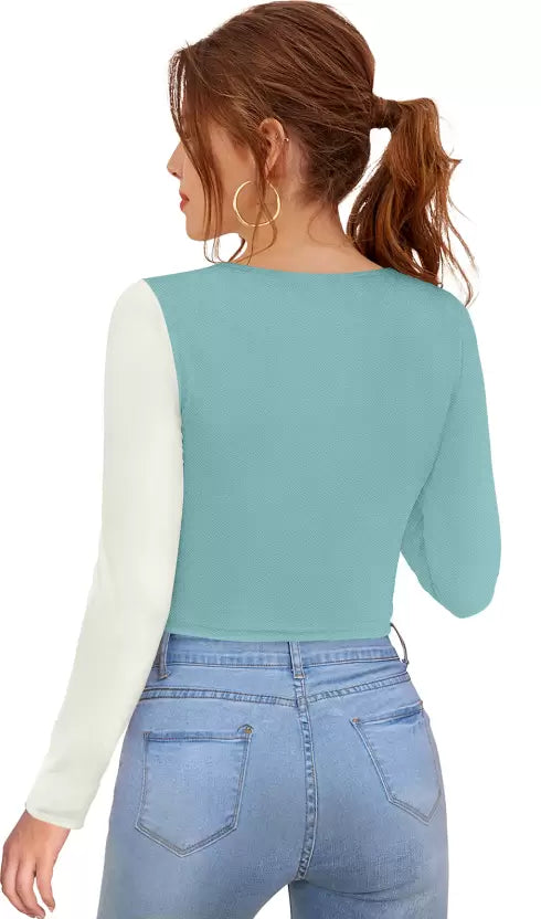 Casual Regular Sleeves Color Block Women Light Blue, White Top