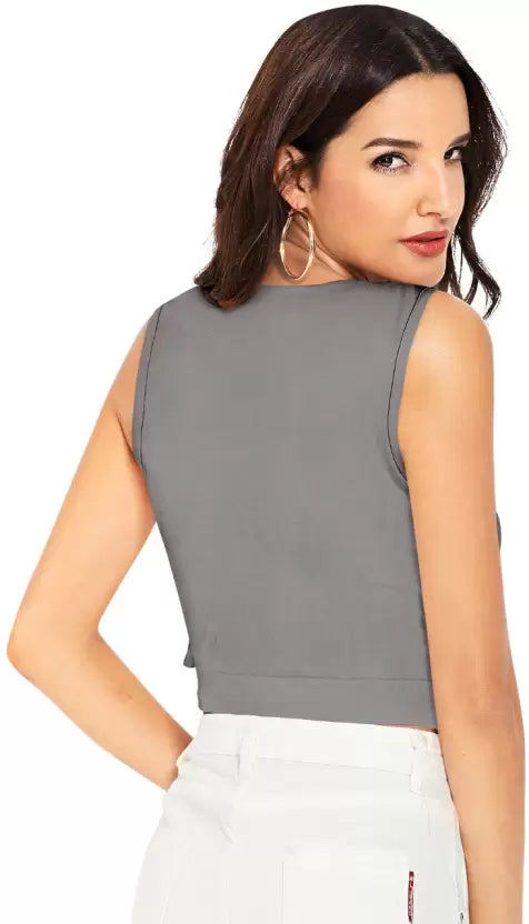 Casual Sleeveless Solid Women Grey Top