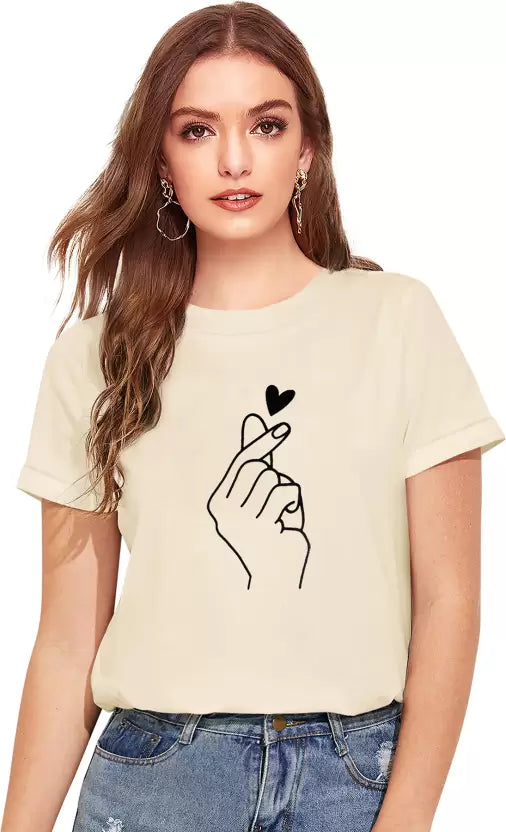 Women Printed Round Neck Cotton Blend White T-Shirt