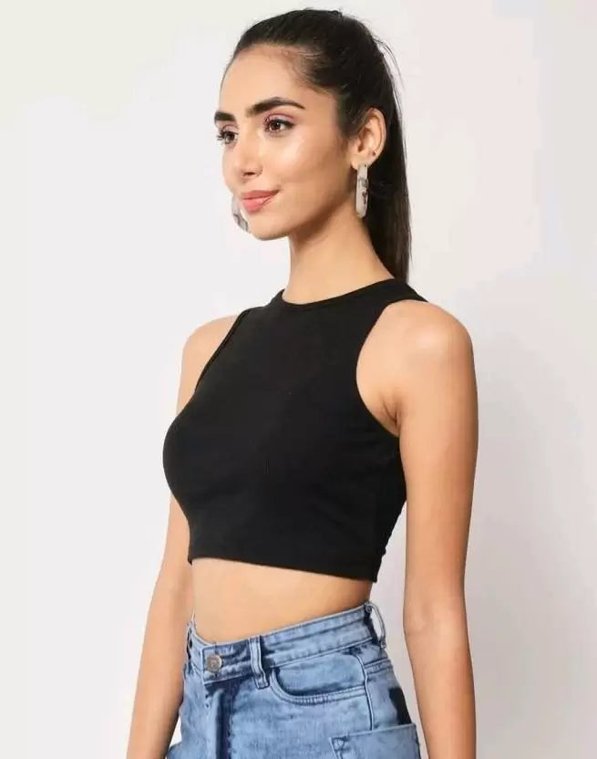 Black Sleeveless Round Neck Crop Top For Girls & Women