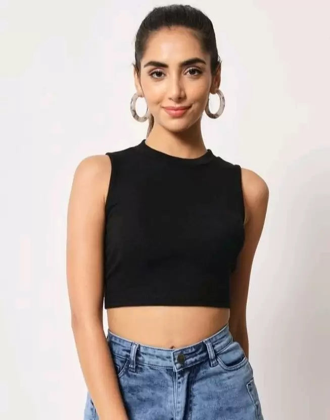 Black Sleeveless Round Neck Crop Top For Girls & Women