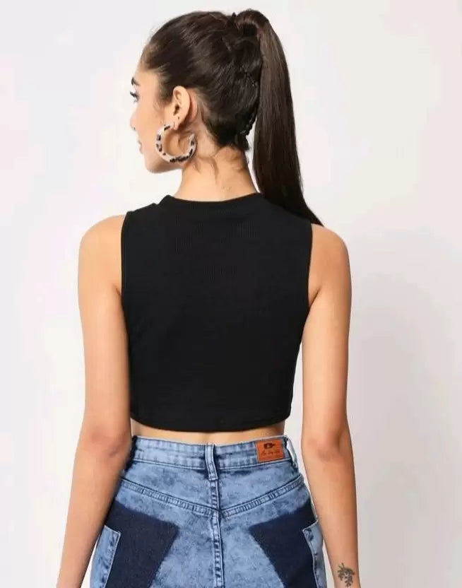 Black Sleeveless Round Neck Crop Top For Girls & Women