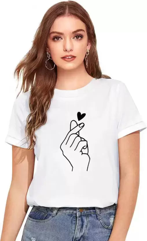 Women Printed Round Neck Cotton Blend White T-Shirt