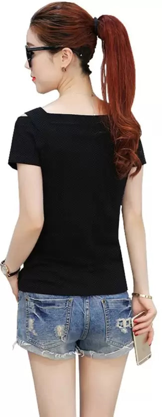 Casual Cap Sleeves Solid Women Black Top