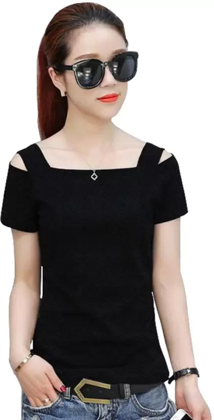 Casual Cap Sleeves Solid Women Black Top