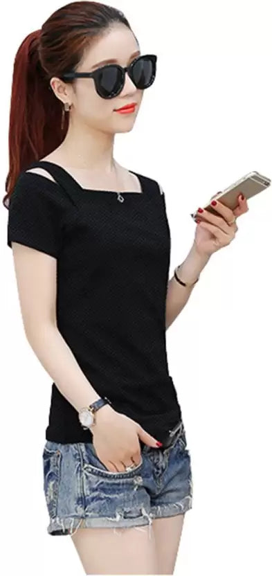 Casual Cap Sleeves Solid Women Black Top