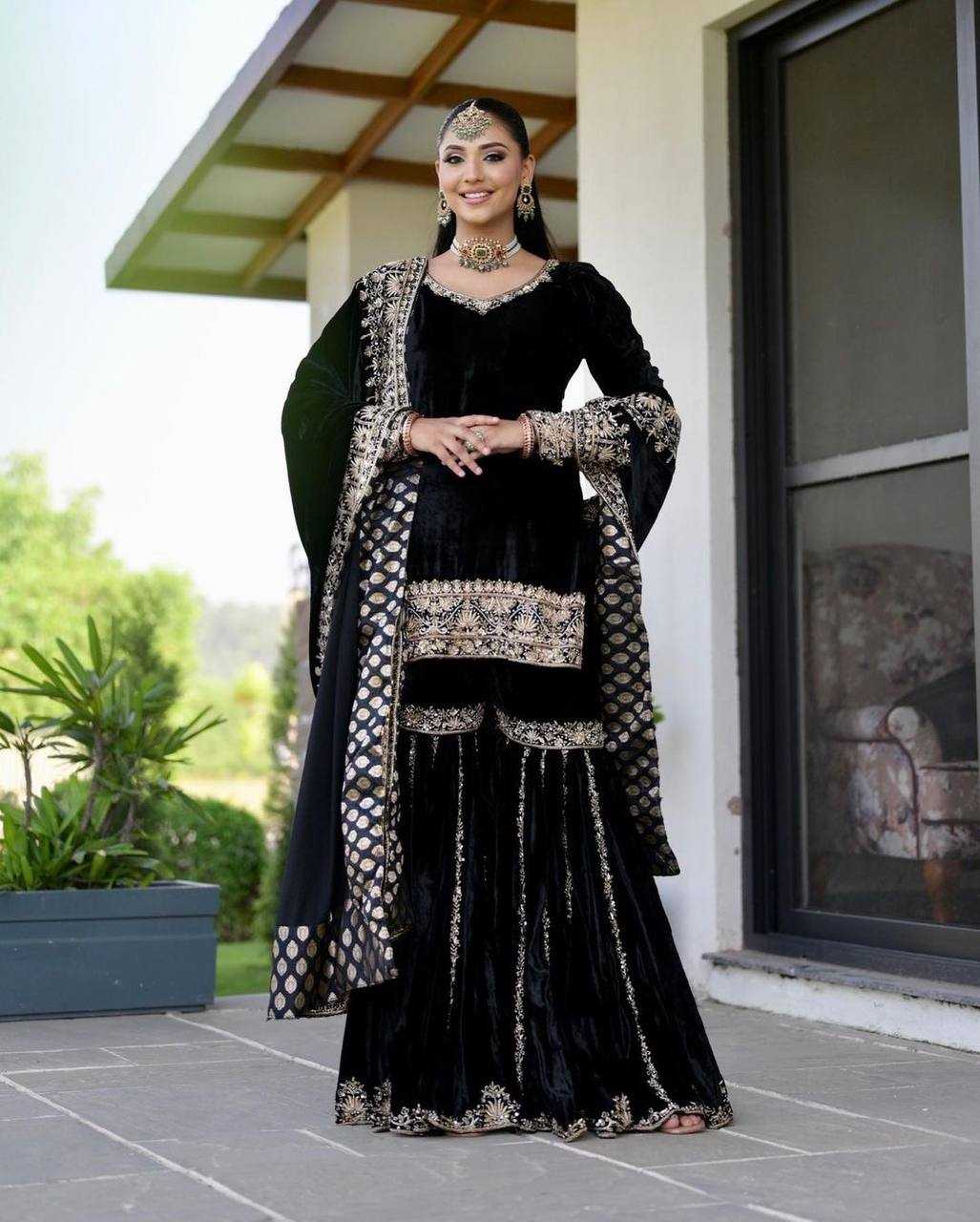 Designer Black Velvet Sharara Set