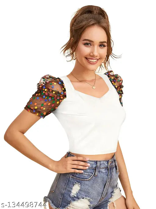 White Short Sleeve Solid Crop Top For Girls & Women's