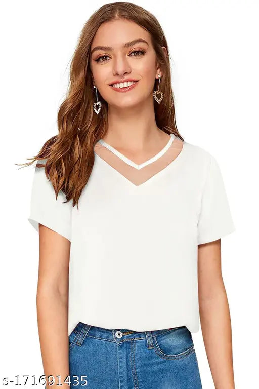 casual v neck & half sleeve white top